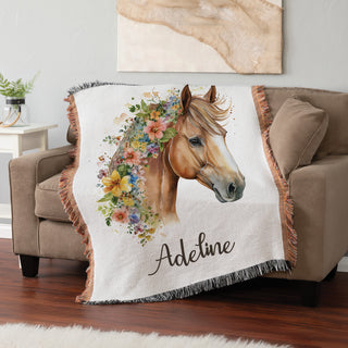 Floral Horse Portrait Fringe Throw Blanket