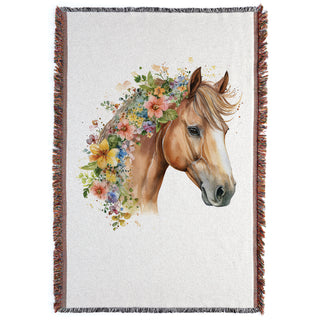 Floral Horse Portrait Fringe Throw Blanket
