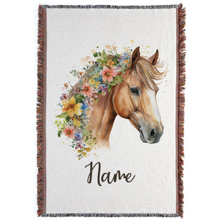Floral Horse Portrait Fringe Throw Blanket