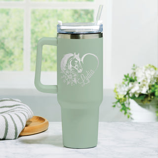 Horse Heart 40 Oz Travel Mug with Handle Stainless Steel - Sage Green