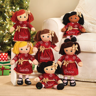 Rag Doll with Dark Red Velvet Dress - Black Hair Fair Skin