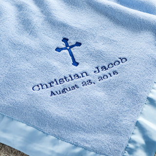 Precious Cross Personalized Blue Baby Blanket