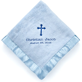 Precious Cross Personalized Blue Baby Blanket