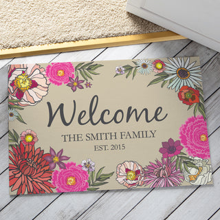 Floral Welcome Personalized Doormat - 18x27 Inch, 1/8" Thin