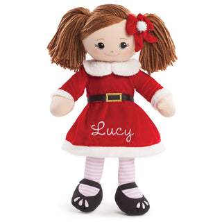 Personalized Brunette Rag Doll With Santa Dress