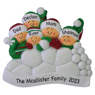 Personalized Snowball Fight Family of 5 Ornament