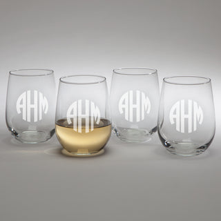 Circle Monogram Set Of 4 Personalized Stemless Wine Glasses