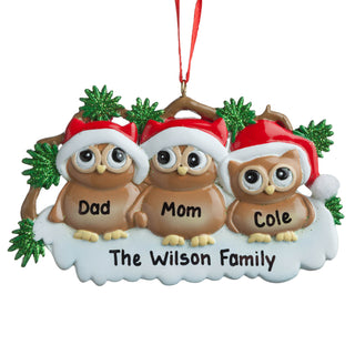 Owls In Santa Hats Personalized Ornament---Family of Three