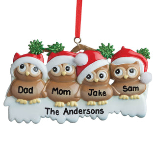 Owls In Santa Hats Personalized Ornament---Family of Four