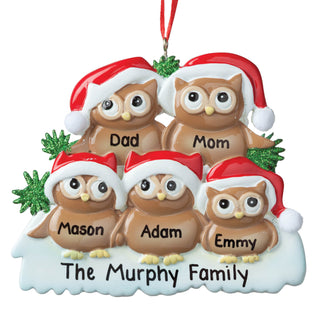 Owls In Santa Hats Personalized Ornament---Family of Five