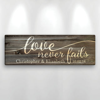 Love Never Fails Personalized 9x27 Canvas