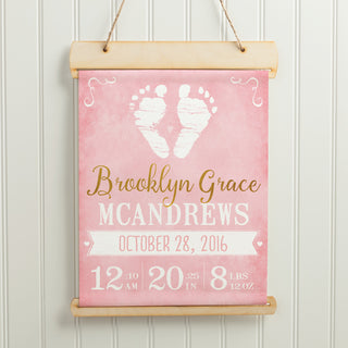 Baby Girl Footprints Personalized Hanging Canvas Banner