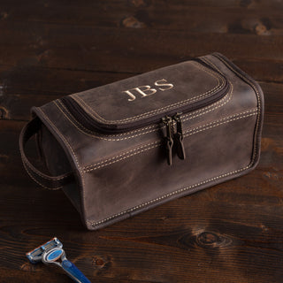 Personalized Dark Brown Leather Toiletry Bag
