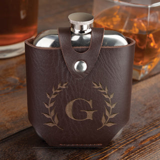 Wreath Initial Personalized Flask and Leather Case