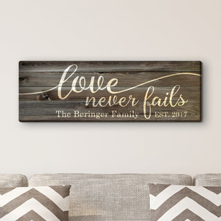 A Family's Love Never Fails 9x27 Personalized Canvas