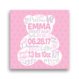 Baby Girl Bear Personalized 12x12 Canvas