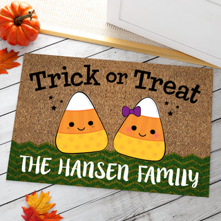 Candy Corn Family of Two Personalized Doormat - 18x27 Inch, 1/8" Thin