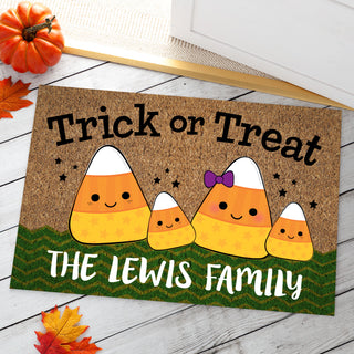 Candy Corn Family of Four Personalized Doormat - 18x27 Inch, 1/8" Thin