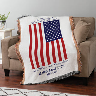 USA Flag Personalized Memorial Fringe Throw Blanket