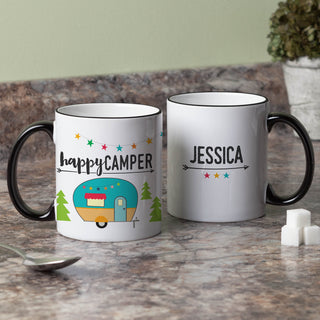 Happy Camper White Coffee Mug with Black Rim and Handle-11oz