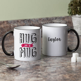 Hug In A Mug White Coffee Mug with Black Rim and Handle-11oz