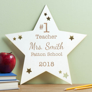 Number One Teacher Personalized Large White Wood Star