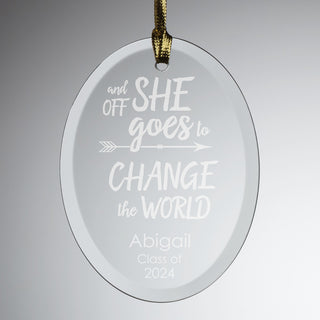 And Off She Goes To Change The World Personalized Glass Graduation Suncatcher