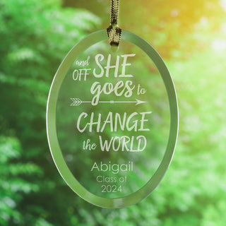 And Off She Goes To Change The World Personalized Glass Graduation Suncatcher