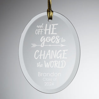And Off He Goes To Change The World Personalized Glass Graduation Suncatcher