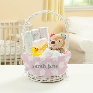 Wicker Basket With Personalized Baby Girl Elephant Liner