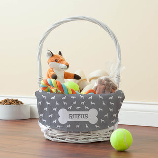 Wicker Basket With Personalized Gray Dog Liner