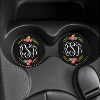 Floral Monogram Personalized Car Coaster Set