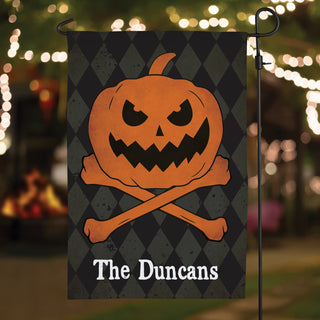 Jack-O-Lantern and Crossbones Personalized Garden Flag