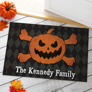 Jacko O Lantern and Crossbones Personalized Doormat - 18x27 Inch, 1/8" Thin