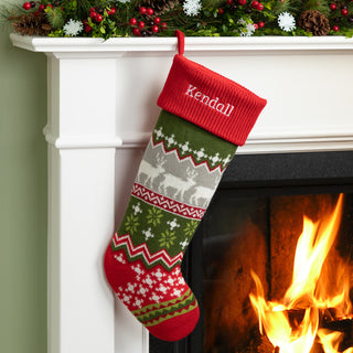 Personalized Fair Isle Stocking--Red Cuff With Deer