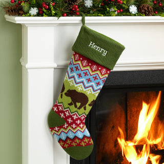Personalized Fair Isle Stocking--Green Cuff With Bear