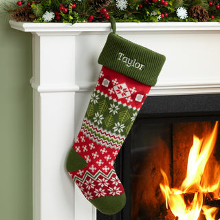 Personalized Fair Isle Stocking--Green Cuff With Snowflakes