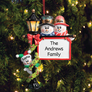 Personalized Snowman Family of Four Lamp Post Ornament