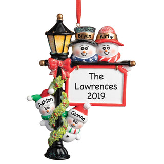 Personalized Snowman Family of Four Lamp Post Ornament