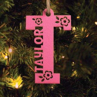 Personalized Girl Pink Wood Name and Initial Ornament