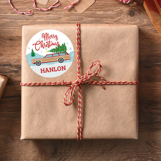 Christmas Station Wagon Personalized Round Sticker - Set of 48