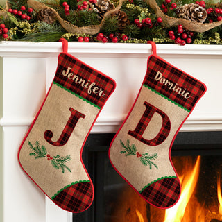 Christmas Plaid Personalized Burlap Stocking