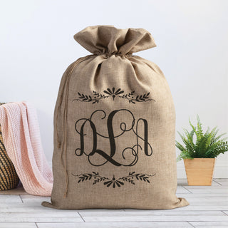 Vine Monogram Personalized Burlap Laundry Bag