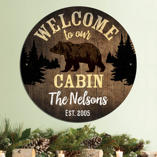Welcome To Our Cabin Personalized Round Metal Sign