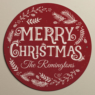 Festive Merry Christmas Personalized Round Metal Sign