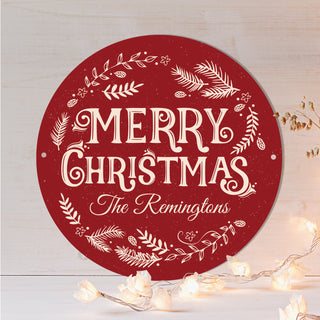 Festive Merry Christmas Personalized Round Metal Sign