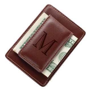 Initial Brown Leather Money Clip and Card Case