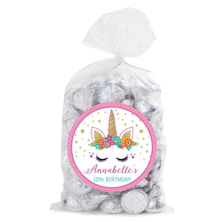 Happy Unicorn Personalized Round Sticker & Treat Bag Set