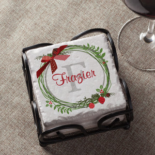 Christmas Wreath Personalized Stone Coaster Set