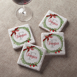 Christmas Wreath Personalized Stone Coaster Set